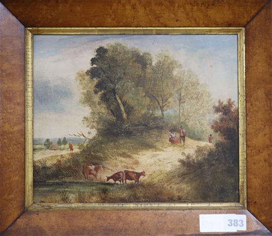 19th century English School, oil on panel, cattle and figures in a landscapes, 24 x 29cm